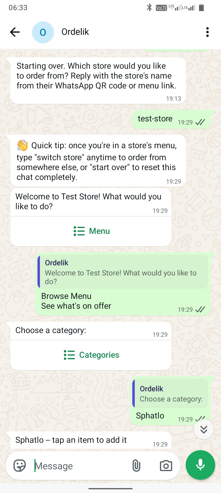 Browsing a store's menu over WhatsApp